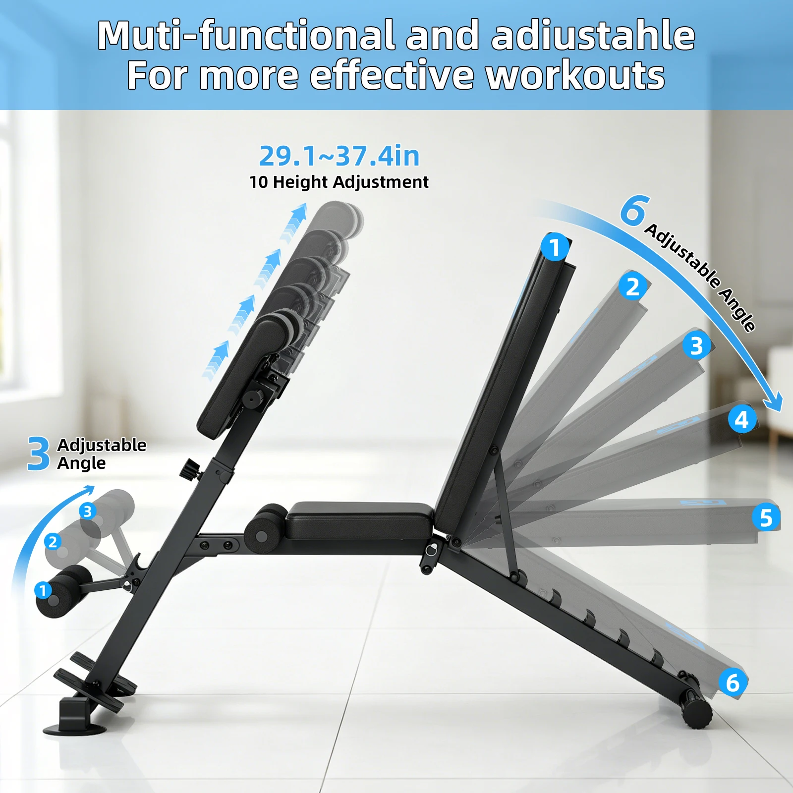 Home Full-Body Workout Adjustable Weight Bench: 10 Seat Positions 6 Backrest Angles, 5mm Steel Triangle Bracket 660LBS, 2 Resistance Bands & Suction Cup Anti-Slip Base