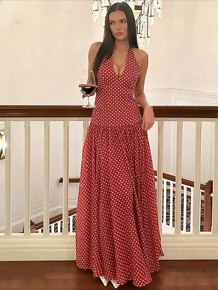 

2025 Halter Spot Print V Neck Backless Bandage Sexy Pleated Maxi Dress Summer Women Clothes Streetwear Beach Vacation