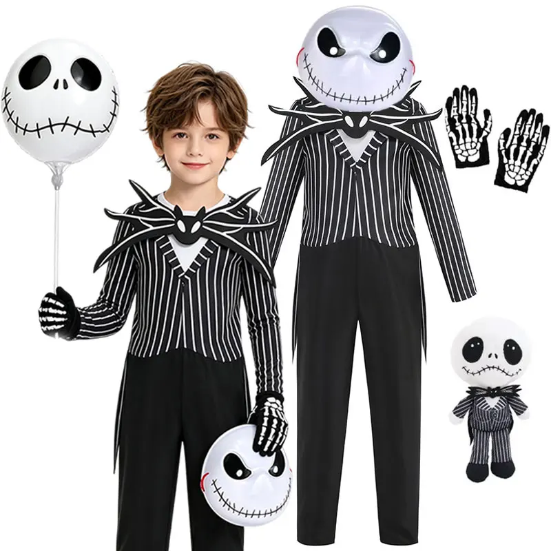 Jack Skellington Cosplay-Kostüm für Kinder, The Nightmare Before Christmas, gestreiftes Outfit für Jungen, Halloween-Party, Verkleidungsset