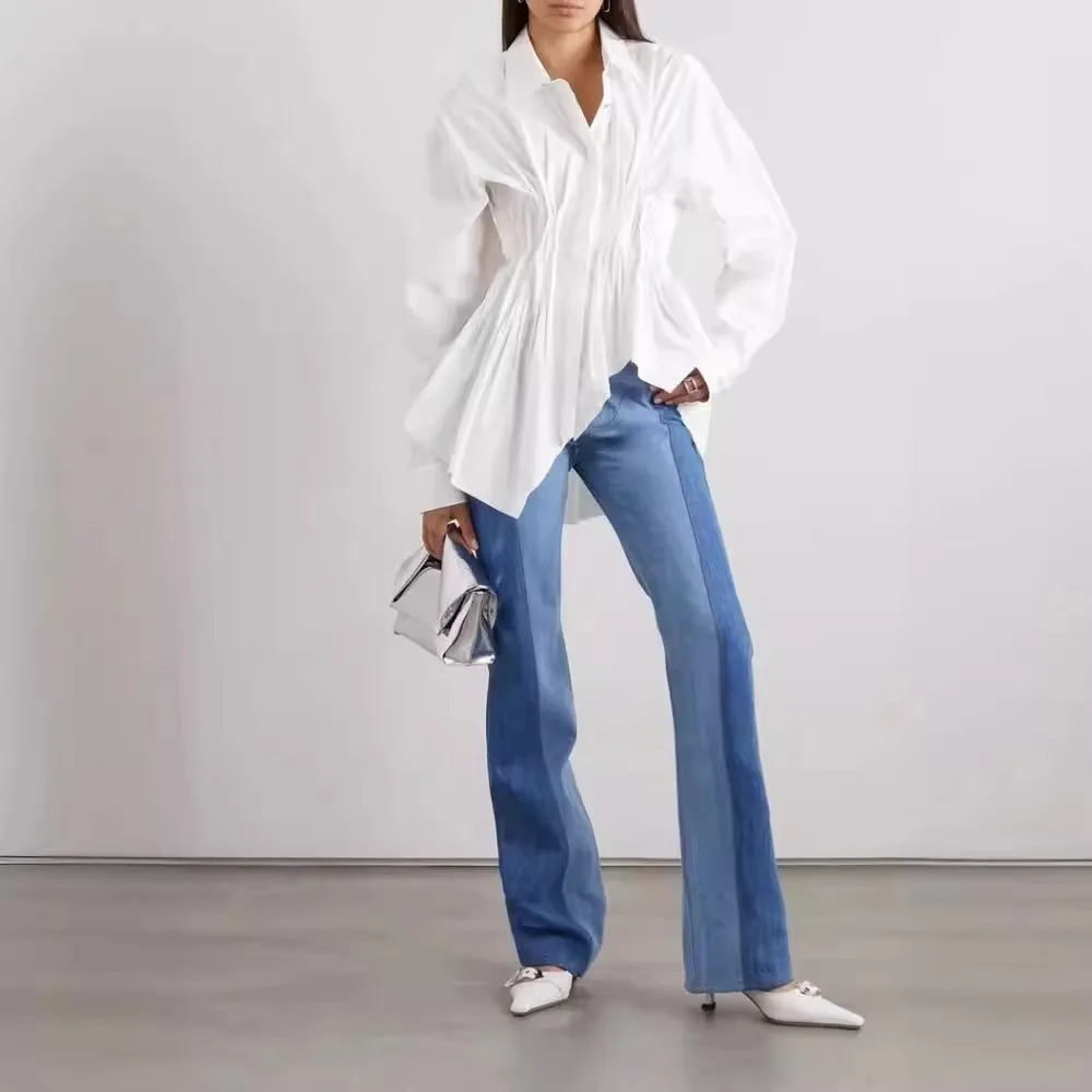 Hem with Irregular Fish Tail Shirt Women's Spring and Summer Temperament Waist Cinched Top with Polo Collar Shirt Tops