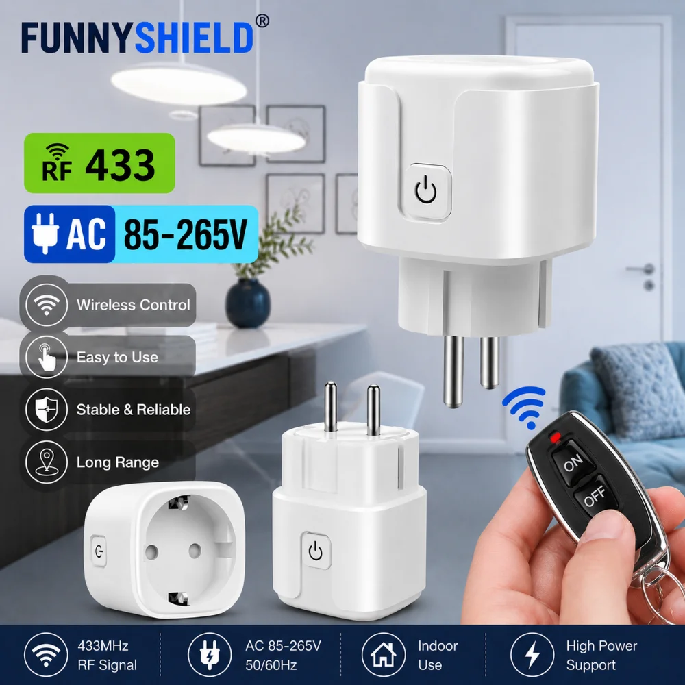 FUNNYSHIELD 433MHZ RF Remote Control Smart Switch Electrical Sockets 220V EU FR Plug ON OFF Transmitter for Home Appliance Led