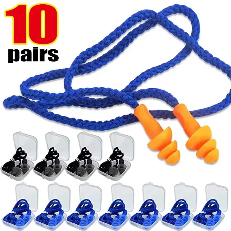 1 à 10 paires de bouchons d'oreilles en silicone anti-bruit, réutilisables, avec cordon, étanches, pour la natation, en caoutchouc, livrés avec boîte