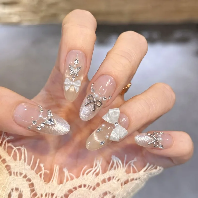 10Pcs Handmade Nails Soft Nude French-Style Bow with Cat-Eye Rhinestones Press-On Nails—Perfect As A Gift for Girls and Friends