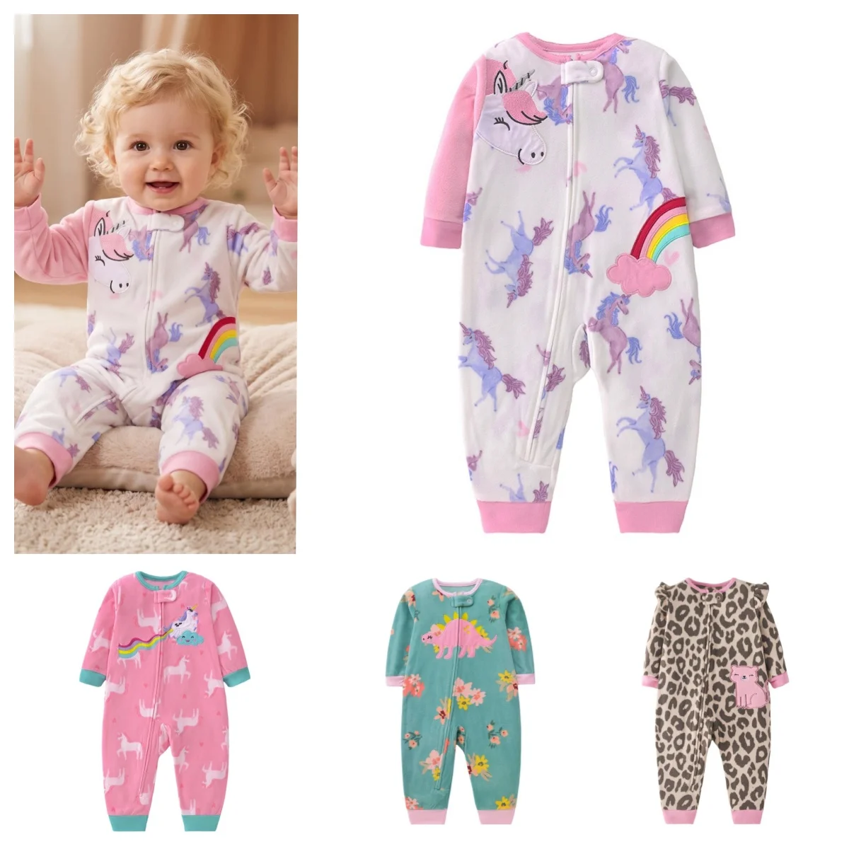 Baby Girl Polar Fleece Zipper Romper Long Sleeve Cartoon Animal Print Autumn Winter Infant Jumpsuit Bebe Pajamas Clothes