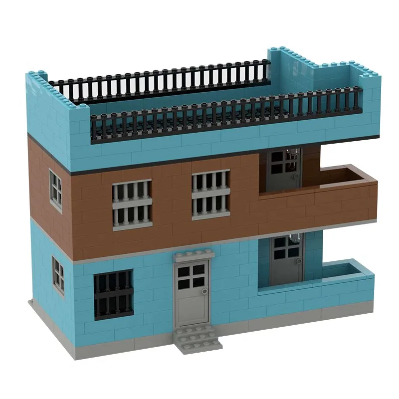 565 elementów Modułowy Domek MOC Architektura Klocki Konstrukcyjne Widok Ulicy Miejskiej Niebiesko-Brązowe Cegły do Mieszkania DIY Edukacyjne Budowanie