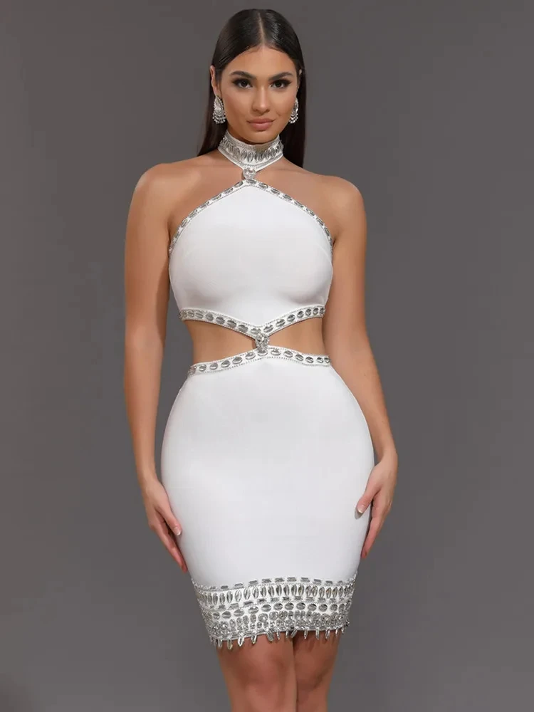 

2024 Women Celebrity Summer Sexy Beading Crystal White Mini Bodycon Bandage Dress Knitted Elegant Evening Club Party Outfit