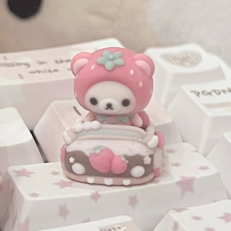 Little Bear Strawberry Theme Keycaps Set Anime 3D Resin Custom Original Handmade Keycaps for Mechanical Keyboard Accessories