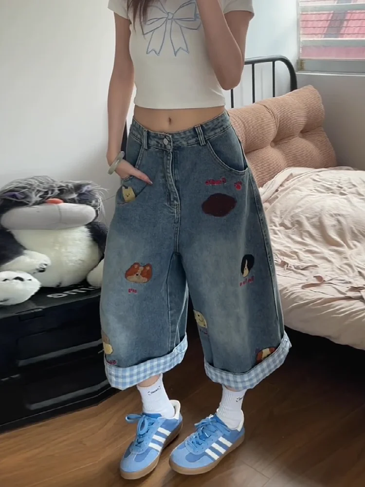 American Cartoon Style Embroidered Cuffed Denim Jeans High Waist Loose Slimming Wide Leg Mid-Length Pants for Women Summer De...
