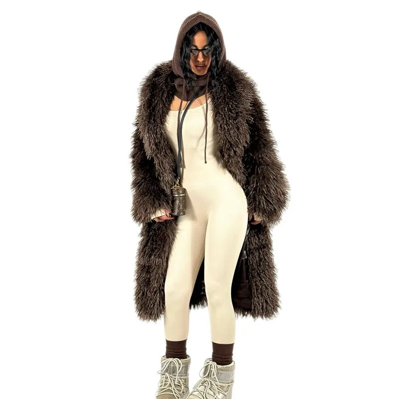 Mid-length Faux Fur Suit Collar Overcoat, Artificial Fur Coat, Thickened Plus-size Cross-border Winter Fashion Women's New Style