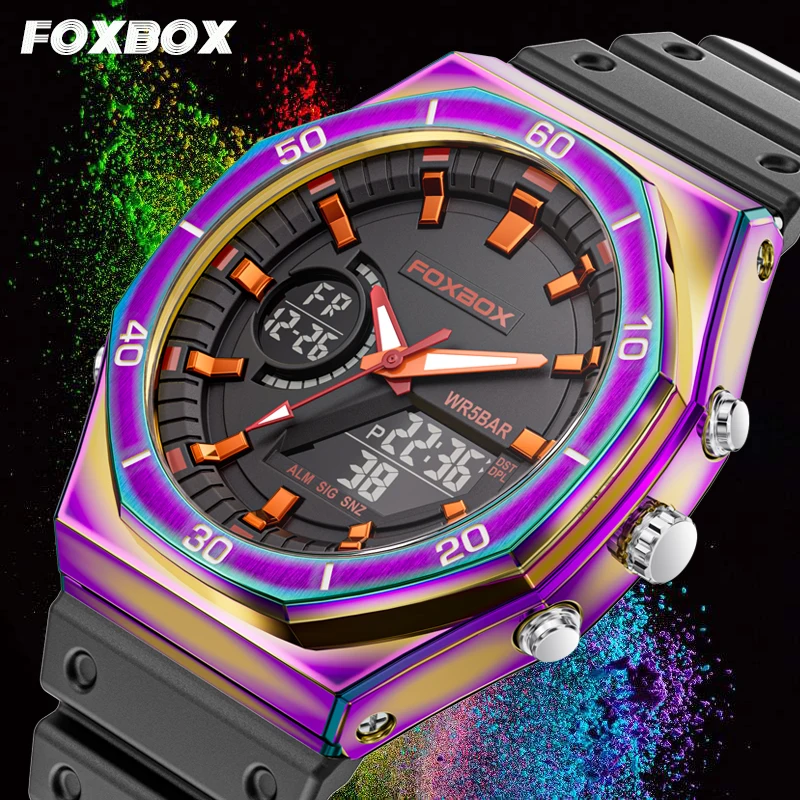 FOXBOX Fashion Luxury Electronic Watch Casual Sport Waterproof Luminous Silicone Dual Digital Display Watches for Men Male Gifts