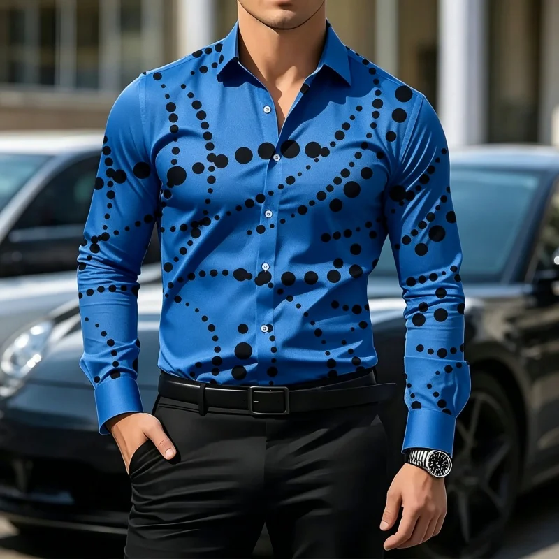Men's Geometric Polka Dot Print Long Sleeve Shirt Slim Fit Casual Tops