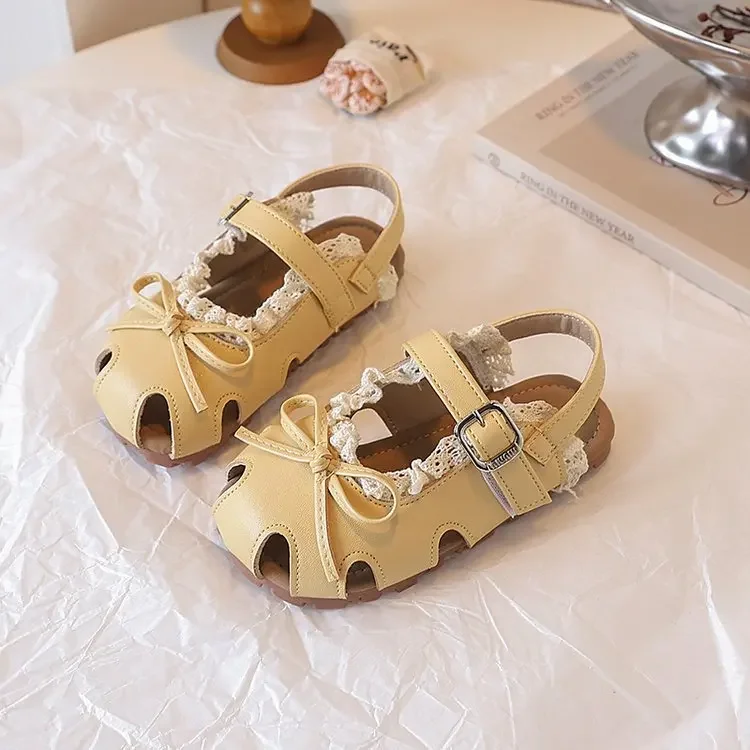

Children's Closed-toe Sandals 2025 Summer New Girls' Lace Bow Princess Shoes Soft Bottom Non Slip Kid's Casual Beach Shoes
