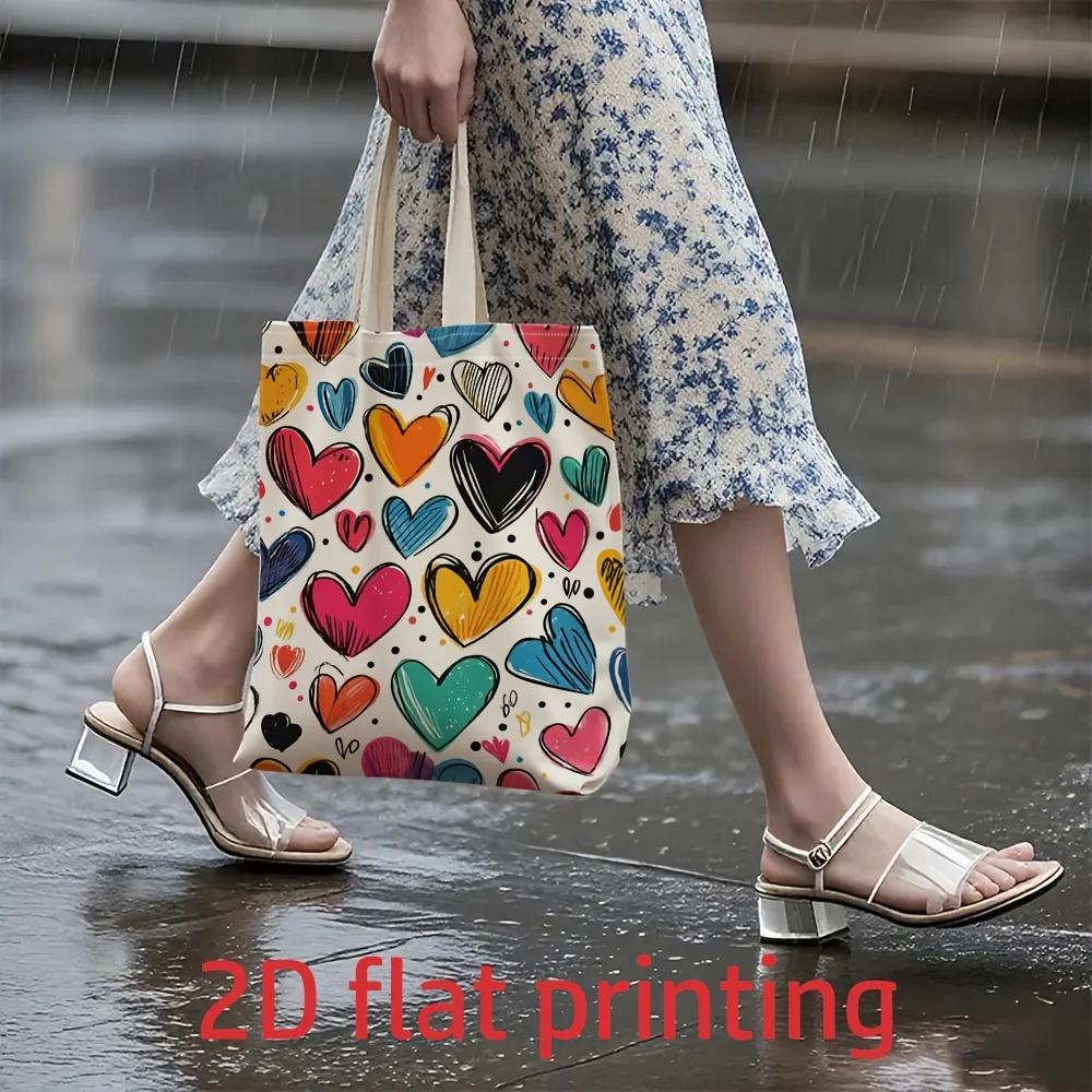 Vibrant Multicolor Heart Print Tote Bag - Pastel & Multicolor (Pink, Blue, Yellow, Orange, Green, Black, White) - Unisex Canvas