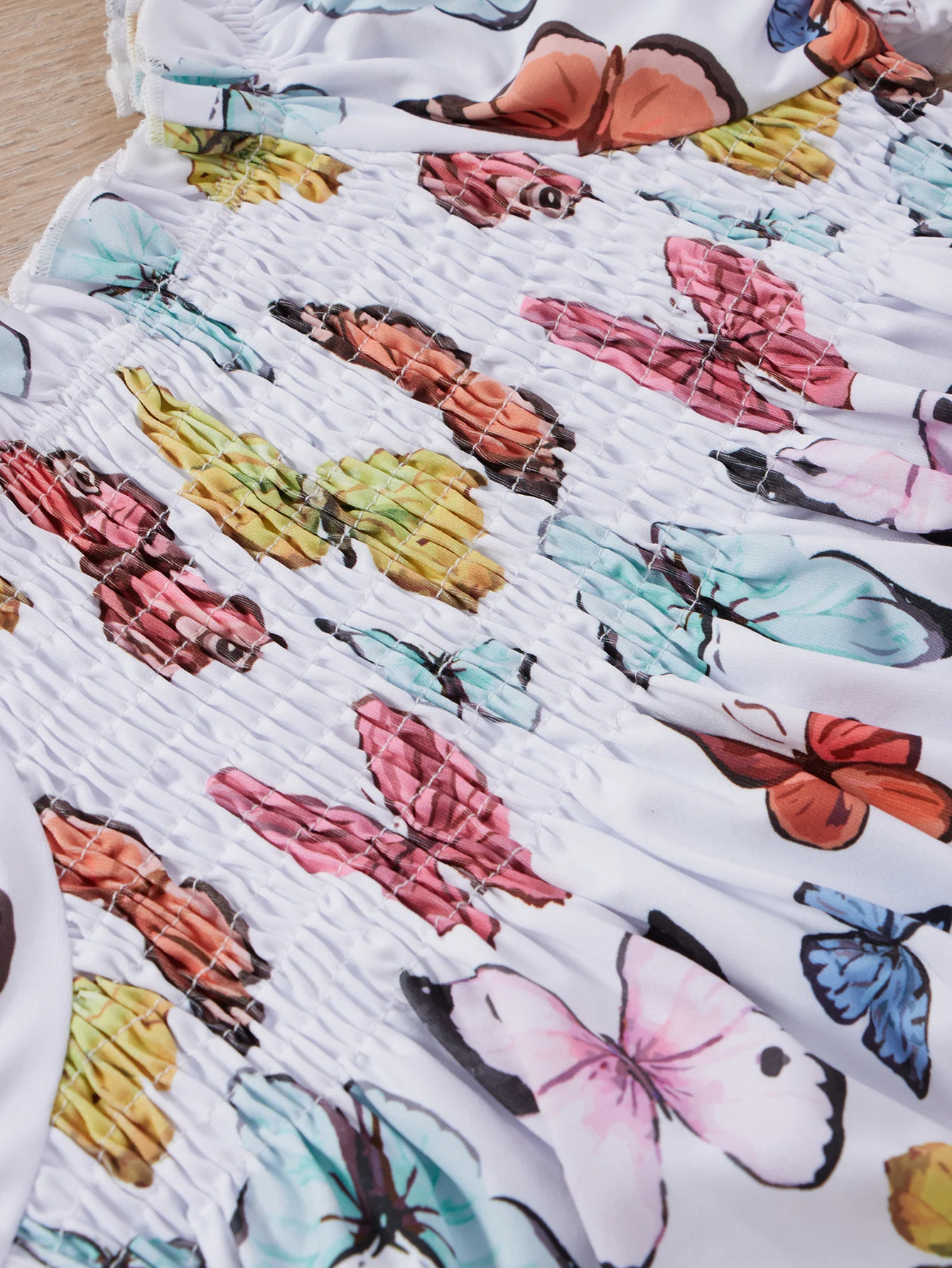 Spring colorful butterfly print girls\' dress - comfortable short sleeves and pleated neckline design