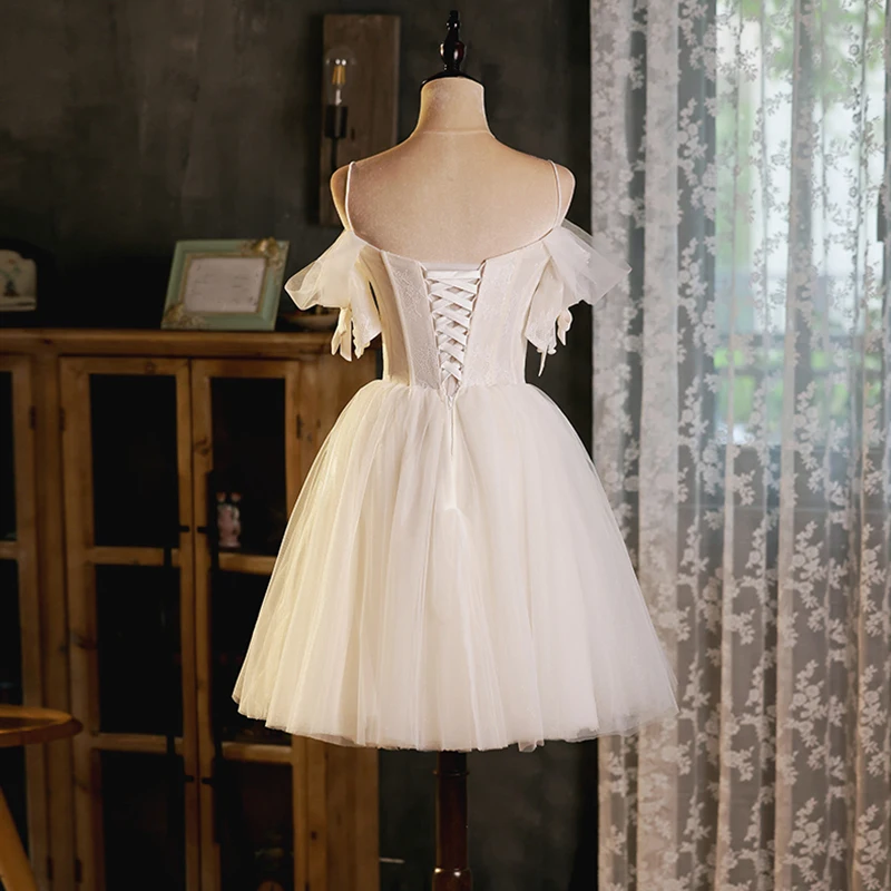 AnXin SH Prinzessin weiße Rose Blume Spitze Spaghettiträger Party Perlen Kristall kurzes individuelles Abendkleid kleines weißes Kleid