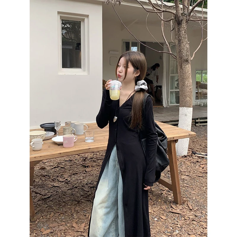 MEXZT Streetwear Black Midi Dress Women Y2K V Neck Tunic Robe Korean Fashion Long Sleeve Slim All Match One Pieces Dresses New