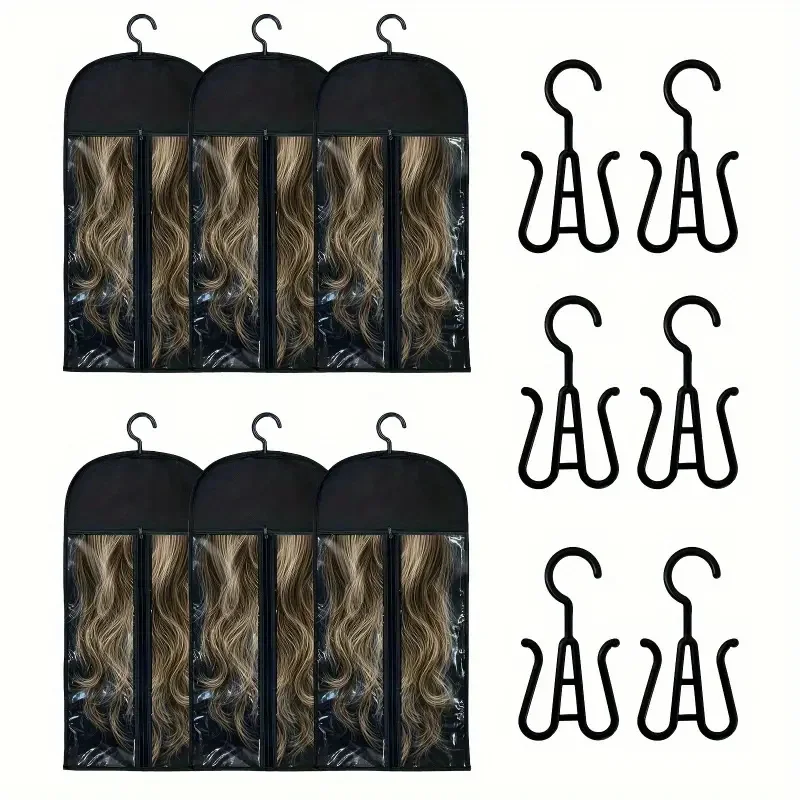 

6pcs Long Hair Extensions Storage Bag Non-Woven Dust Proof Wigs Carrier Bags With Plastic Hanger for Carrying aspects