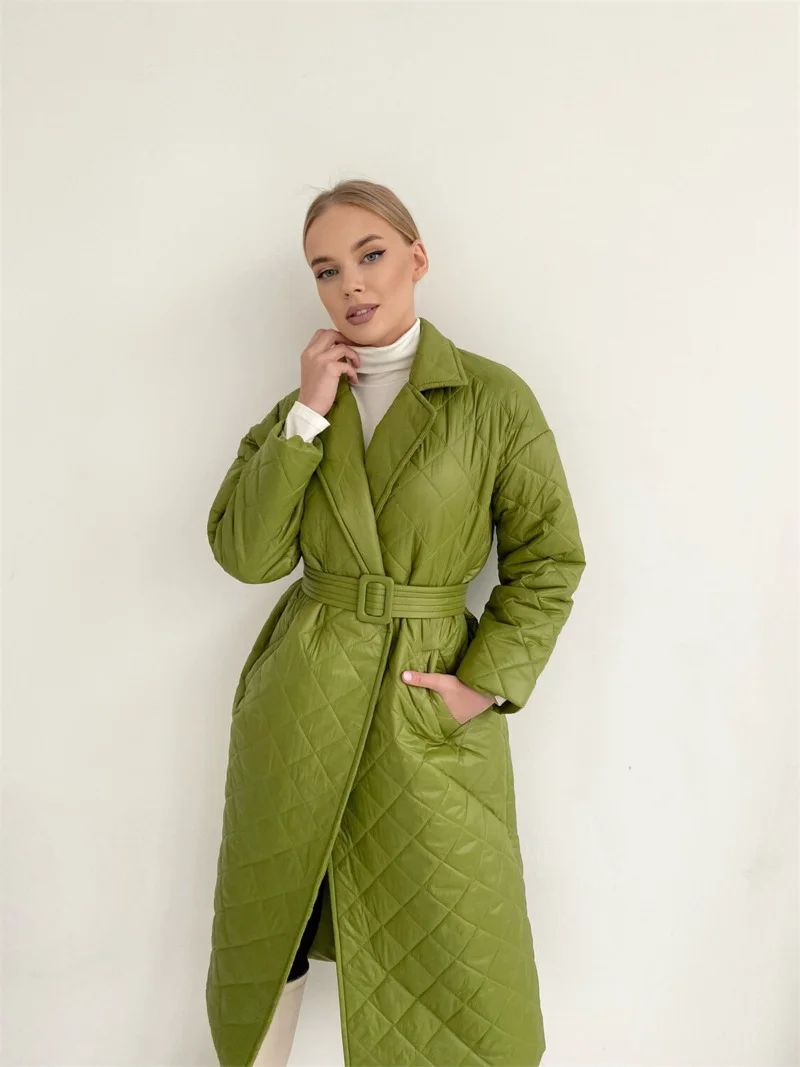 2023 Autumn Winter New Women Long Office Lady Quilted Coats and Jackets for Women Long Sleeve Warm Belt Trench Coat Warm Parkas