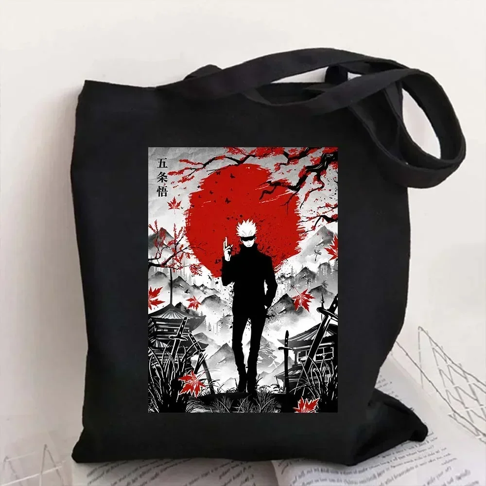 Japan Anime Gojo Satoru Jujutsu Kaisen Black Tote Bag Shopping Shoulder Bags Large Capacity Reusable Shopper Handbags