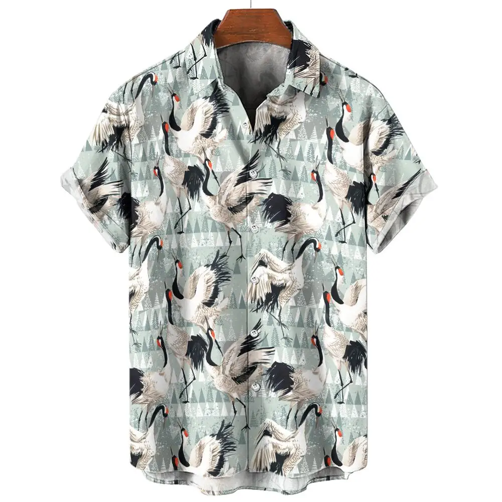 Camisa havaiana de manga curta masculina, camisas de lapela, roupas masculinas de verão, blusa impressa guindaste chinês animal 3D, moda