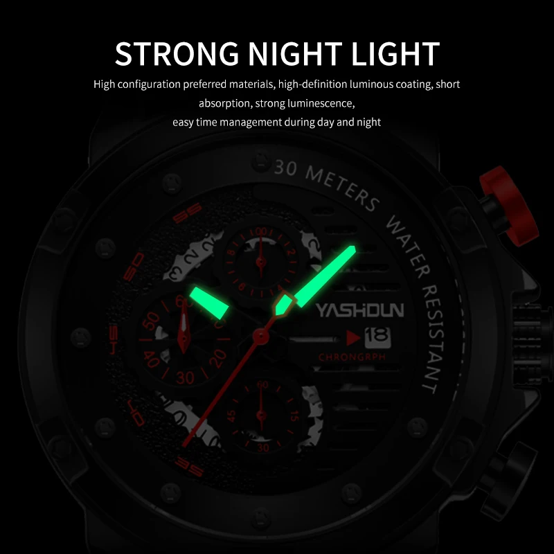 YASHIDUN العلامة التجارية متعددة الوظائف ساعة كوارتز الرجال ساعة اليد جلدية ساعة يد رياضية كرونوغراف ساعة عادية الذكور Relojes Hombre