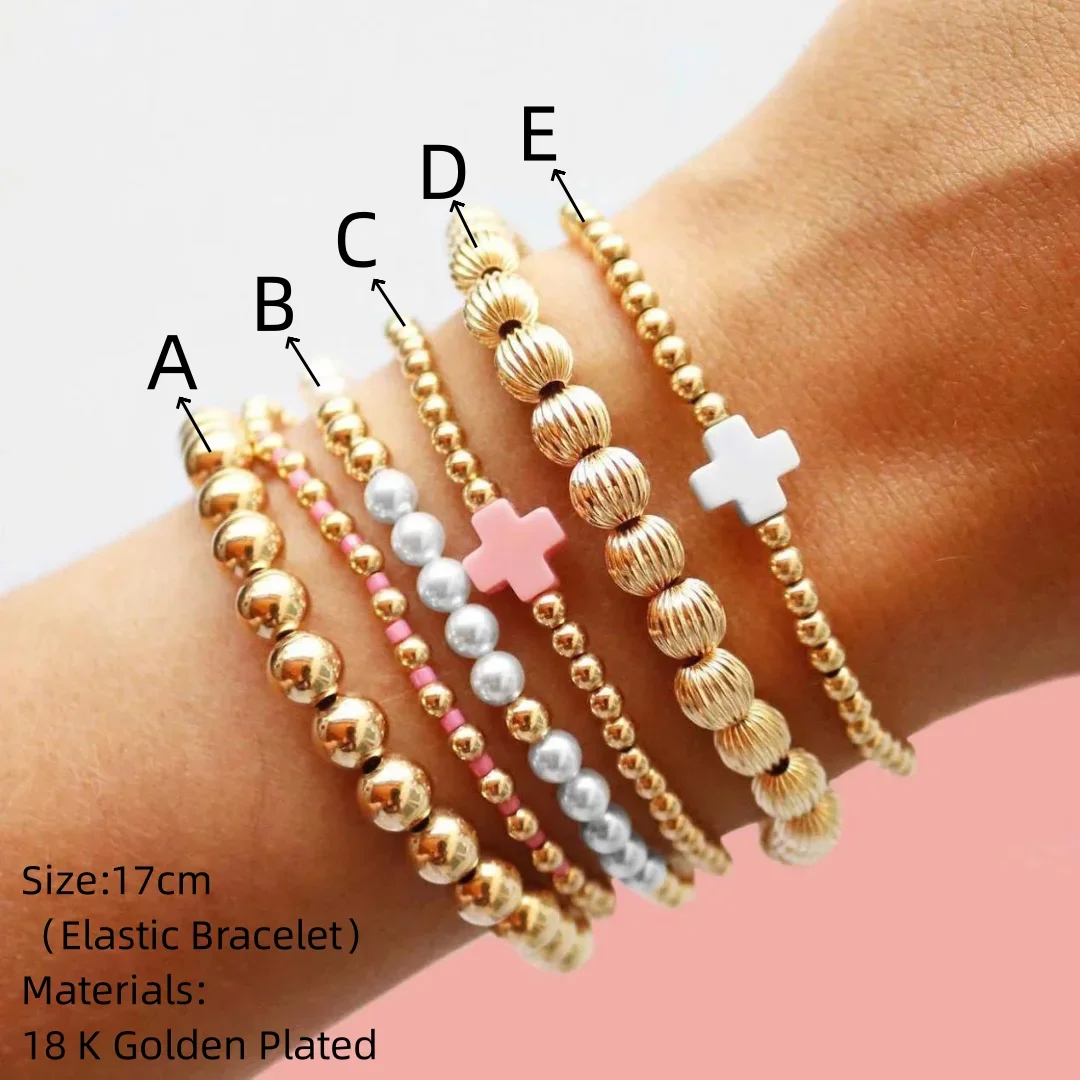 CCGOOD Pink Cross Bracelet Eco-Friendly Shell Pearl Stackable Jewelry 18K Gold Plated Beads Summer Christian Bracelets for Women image 2