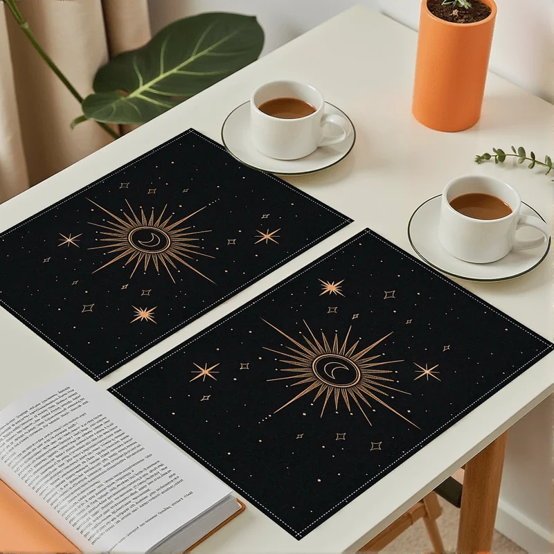 Set of 4 Starry Sky Placemats Cosmic Sun Moon Stars Gold on Black Polyester Machine Washable For Dining Wedding Party Decor