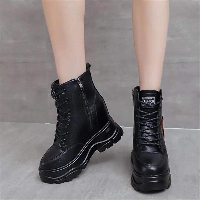 Woman Fashion Ankle Boots Winter New Platform Boots Women\'s Wedges Shoes 10cm High Leather Women Thick Sole Boots Round Toe