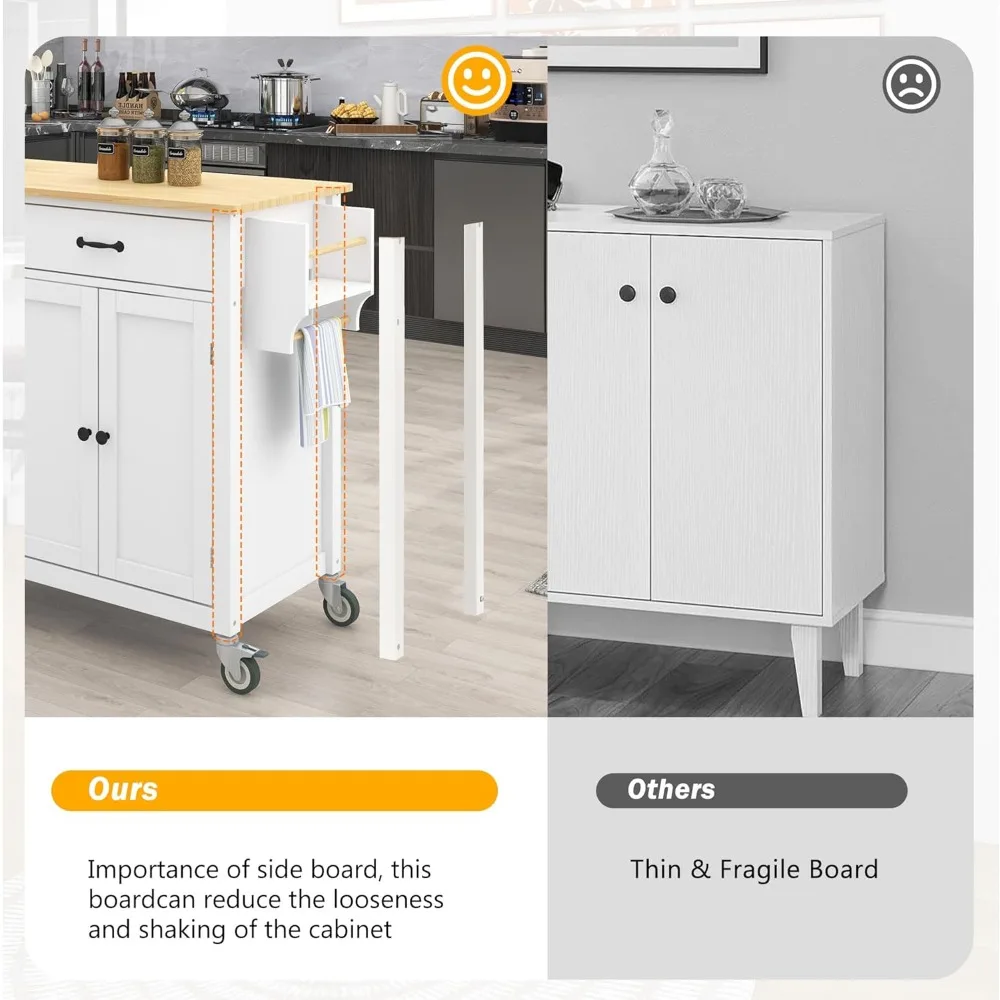Kitchen Island on Wheels with Solid Wood Top, Large Rolling Kitchen Island Cart with 2 Drawers and 2 Cabinets, Portable Trolley