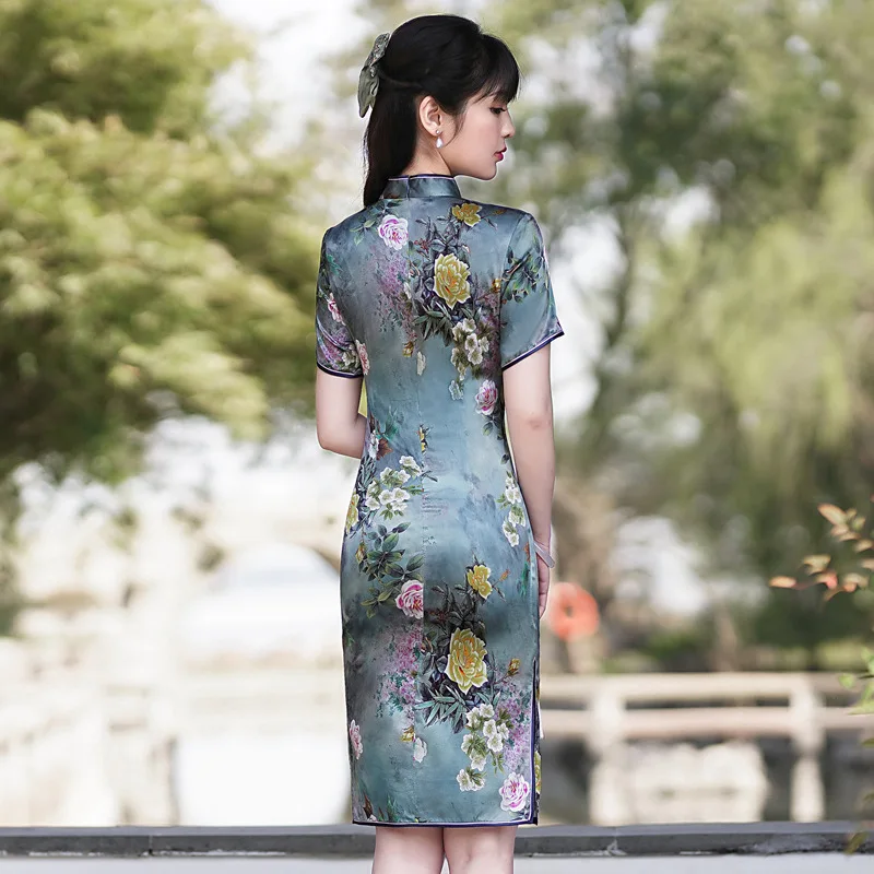 Spring and Summer High Quality Real Silk Printed Chinese Style Improved plus Size Cheongsam Qipao Women's Dress