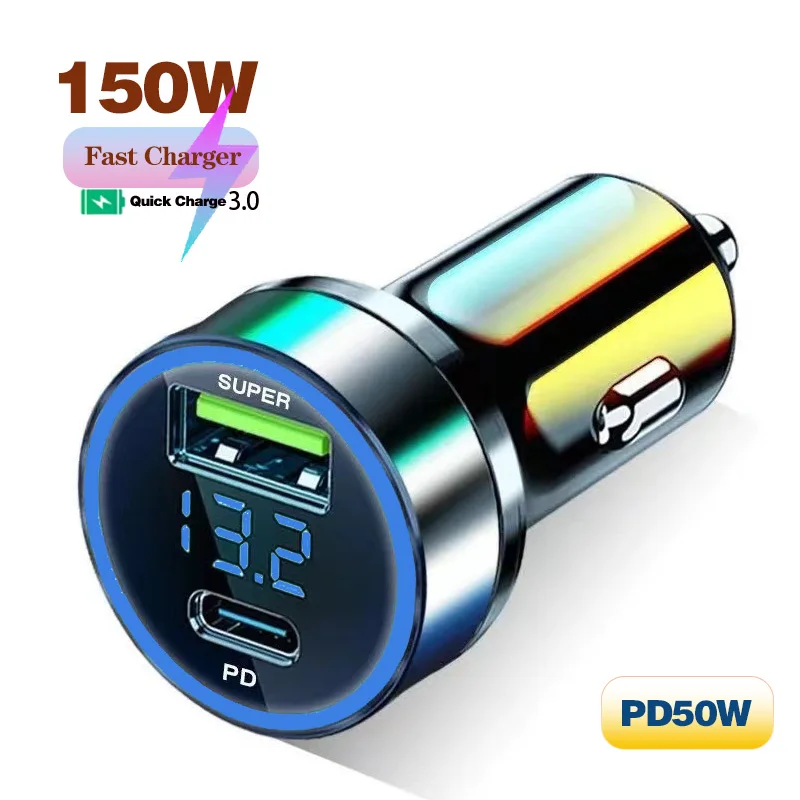 150W 2Port USB Digital Real-time Voltage car charger QC3.0 PD50W car Super Fast charger for Phones Car cigarette lighter adapter