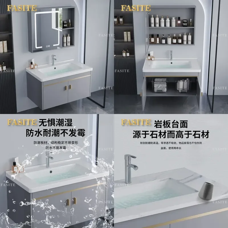 For Small Apartment Bathroom Integrated Ceramic Washbasin Vanity Cabinet with Mirror Storage Combo Space Saving Modern Design