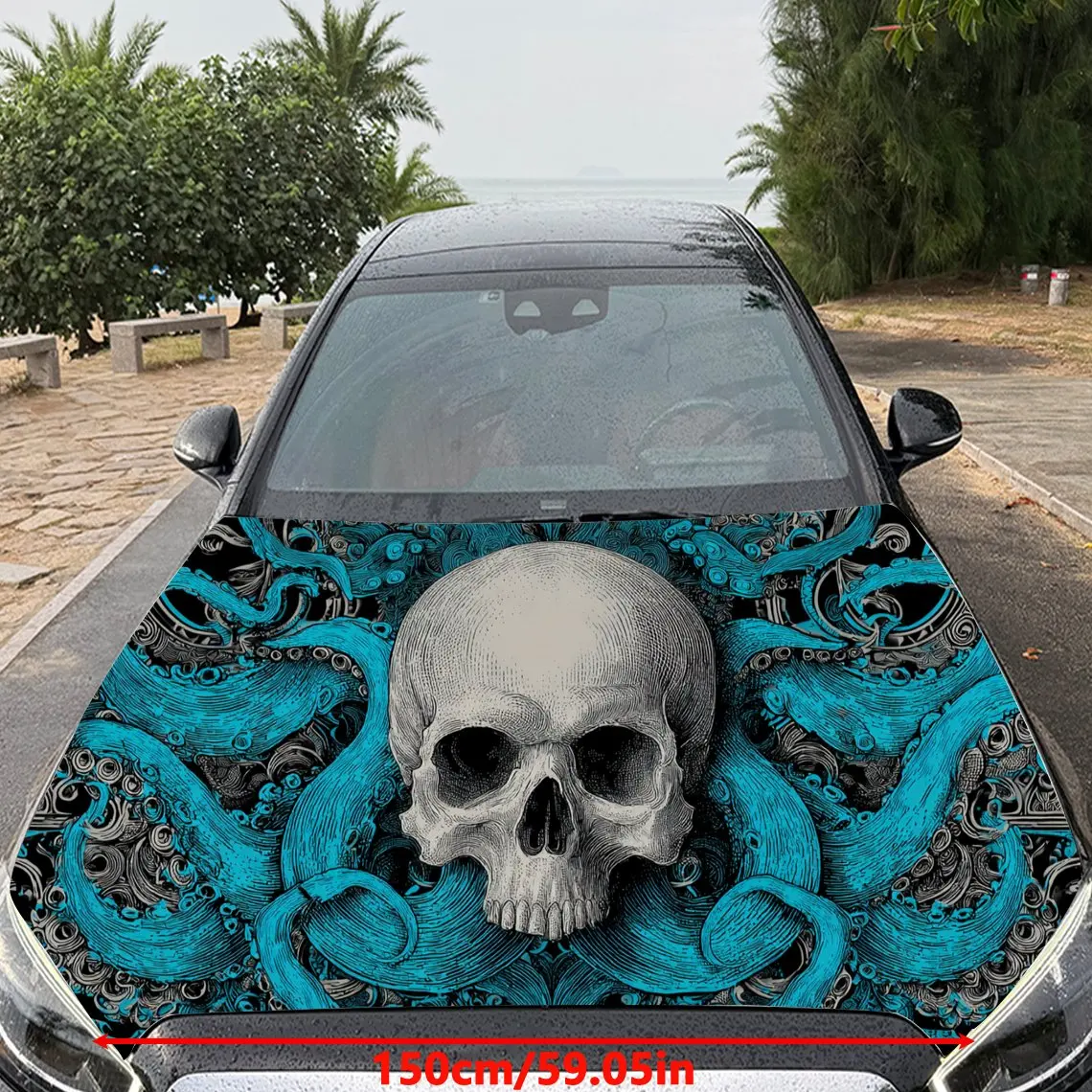 Car Decal Skull & Turquoise Octopus Tentacles in Artistic, Bold-Contrast Visual Design with Textured Background Car Hood Sticker