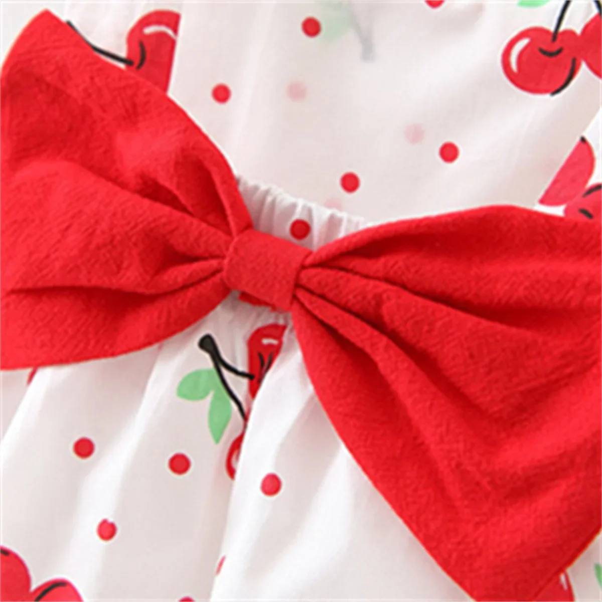 Summer Baby Girl\'s Dress New Dotted Cherry Back Bow Strap Dress with Hat