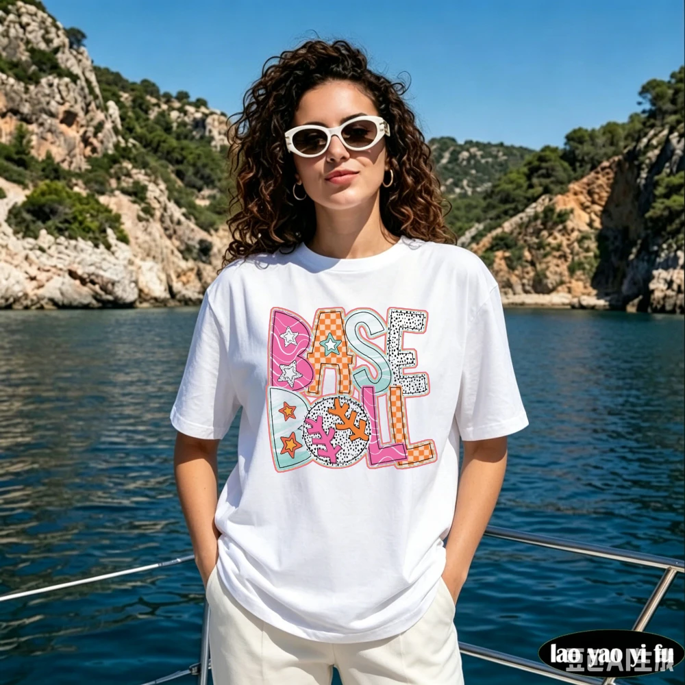 Pastel Checkered Baseball Doll Star Graphic T Shirt Loose Fit Colorful Doodle Letter Print Sports Girl Tops Summer Casual tops