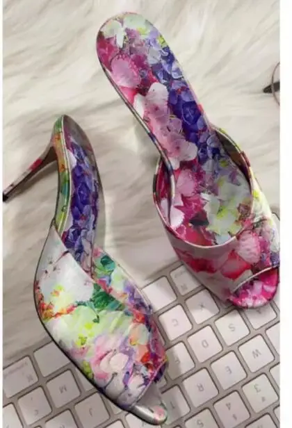 

Moraima Snc Newest Floral-printed High Heel Shoes Summer Peep Toe Thin heels Slippers Super High Dress Shoes