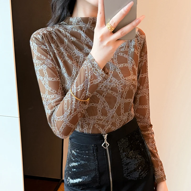 

Y2K High End Mesh Base Shirt Semi High Neck with Yarn Tshirt Top Women Trendy