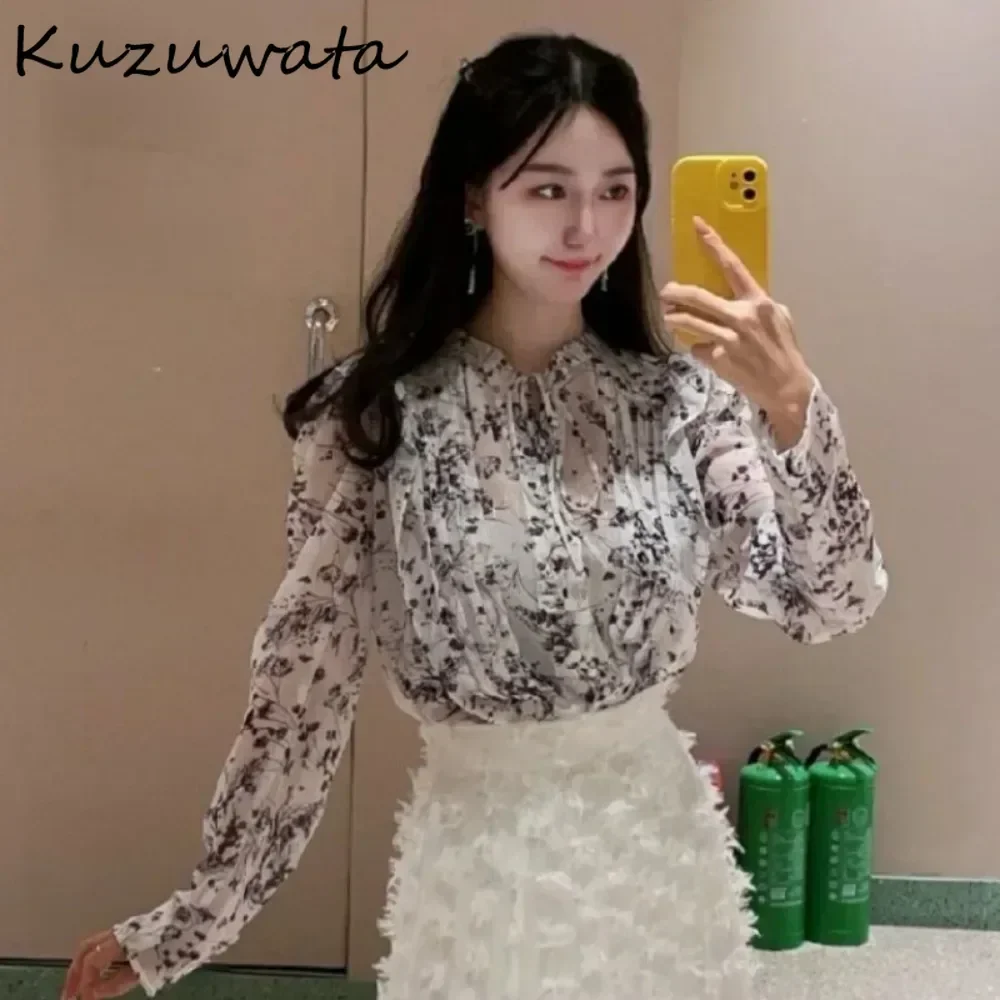 Kuzuwata Autumn New Stand Collar Puff Sleeve Print Shirt Women Lace Up Fresh All-match Blusas Japan Moda Ruffles Ruched Crop Top