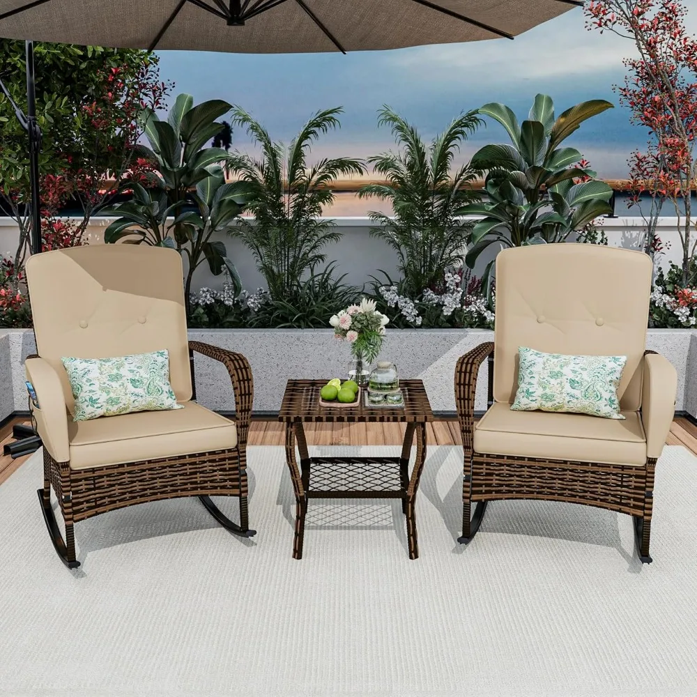 

3-Piece Patio Furniture Set,Outdoor Rocking Chairs Set of 2, Patio Conversation Set with 2 Wicker Chairs with Rattan Coffee