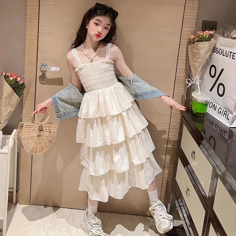 2024 Korean Summer School Girl Casual Suit Teenager Girl Denim Vest Coats+Suspender Cake Skirt Junior Girl 2PCS Clothes Set