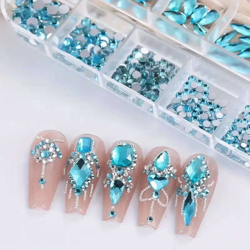 3D Nail Art Rhinestones 12-grid Super-Shiny Flatback Rhinestones Decorative Nail Art Adhesive Multiple Shapes DIY Nail Designs