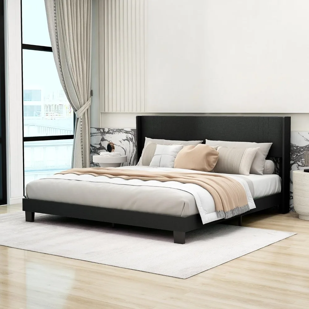 

Upholstered Platform King Size Bed Frame with Headboard Wooden Slats Support Easy Assembly No Box Spring Needed Black Linen