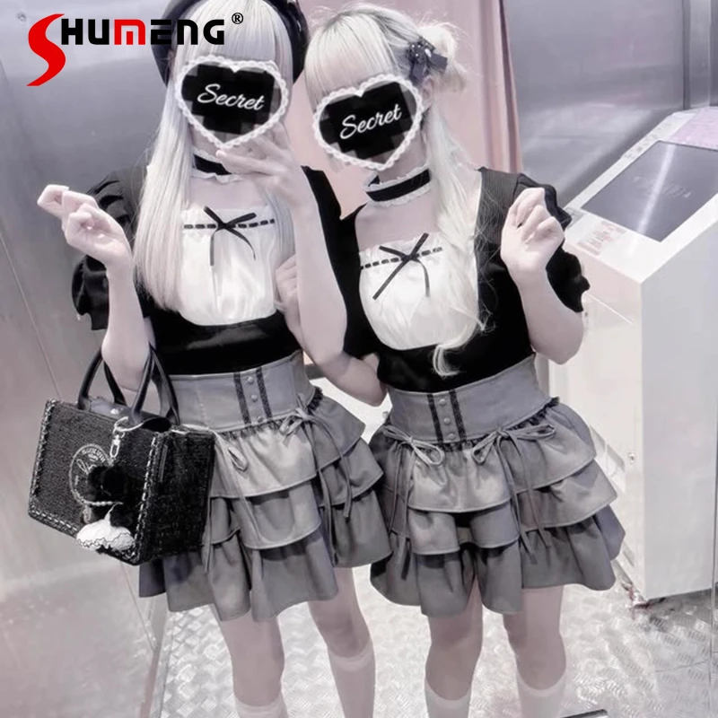 

Japanese Lolita Sweet Cute Style Lace Trim Bow Decoration Layered Ruffle Cake Skirt Wide Waistband Half Skirts Women's Clothes