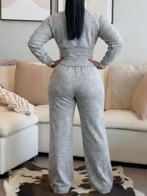 

2 Pieces Outfit O-Neck Long Sleeve Cinched Waist Sweatshirt Elastic Waist Wide Leg Pants Set Casual Seam Design Sweatpants Set