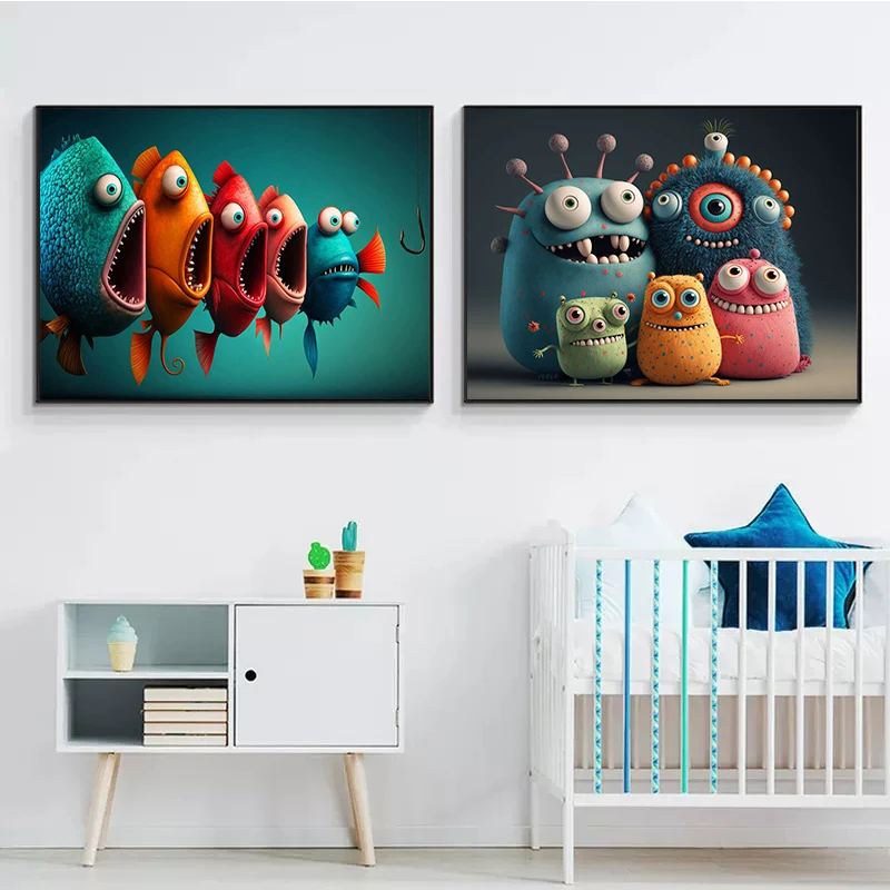 Wall Art Cartoon More Big Eyed Fish Family Posters and Prints Canvas Painting Nursery Children's Room Bedroom Home Decoration