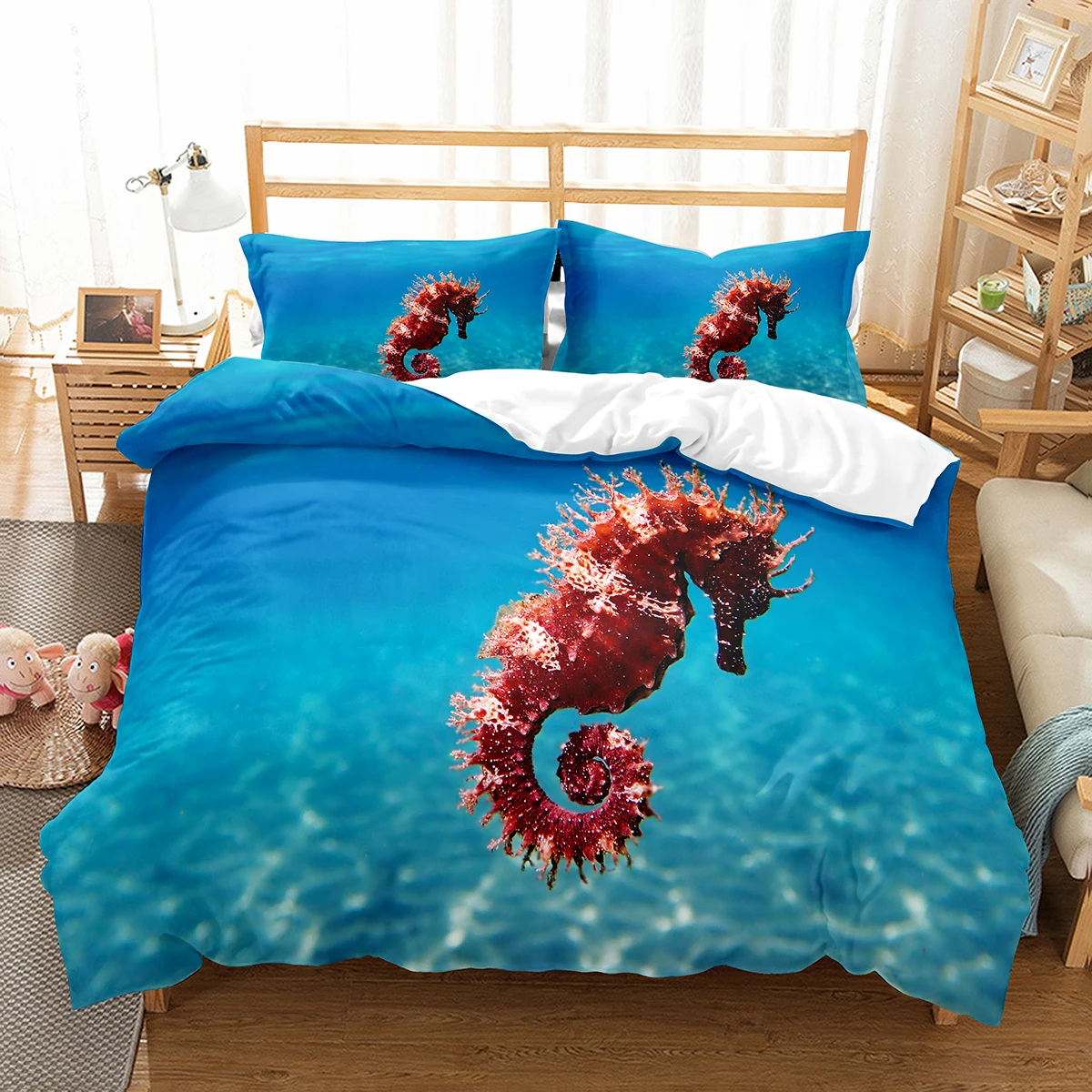 Red Seahorse King Queen Full Duvet Cover Marine Life Theme Bedding Set Lovely Ocean Animal Quilt Cover Polyester Comforter Cover