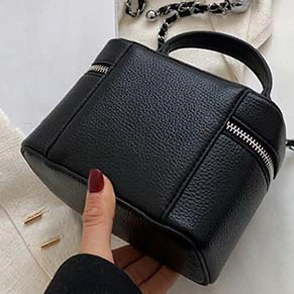 Pebbled Texture Macaron Box Bag Compact Size Detachable Strap Square Vanity Purse Vegan Leather Solid Construction