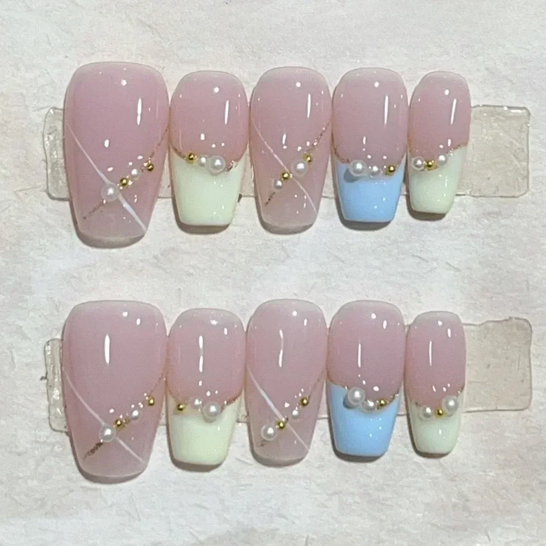 

10Pcs Handmade Press on Nails Full Cover Flower Cute Sweet Shiny Summer French Ballerina False Nails Wearable Manicure Nail Tips