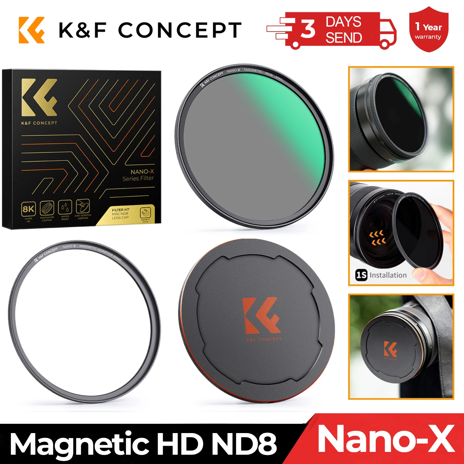 K&F Concept Magnetic HD ND8 Nano-x Camera Lens Filter with Lens Cap Multi-Layer Coatings Filter 49mm 52mm 58mm 62mm 67mm 82mm