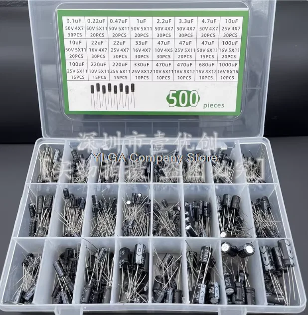 24 different specifications and 500 electrolytic capacitors for . The range of the package is 0.1uF to 1000uF